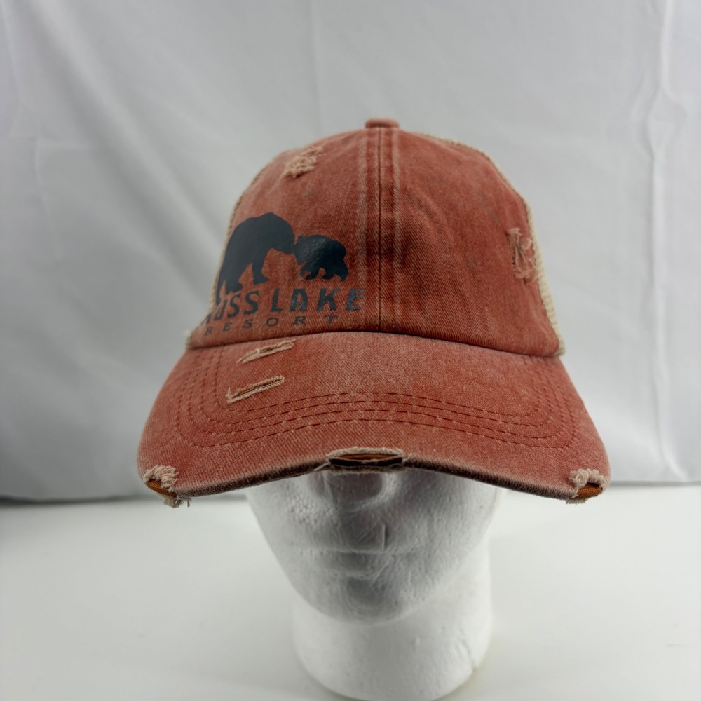 Ross Lake Resort High Ponytail Trucker Hat Distressed Burnt Orange Mesh Back Cap